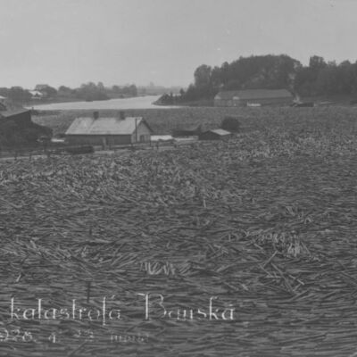 Skats no Augšdzirnavām virzienā uz Mēmeles augšteci. Kreisajā pusē redzama Plosta kroga apbūve, pretēja krastā – Bauskas luterāņu latviešu draudzes mācītājmuižas saimniecības ēkas. Aiz šīm celtnēm kokmateriālu sastrēgums beidzas.